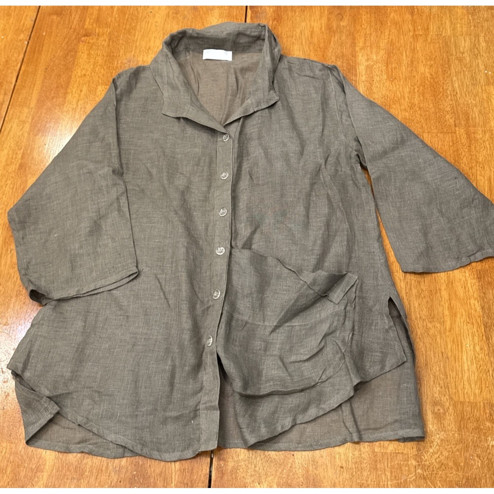 Cannisse Womens Large Olive Gray Linen Blend Button Front 3/4 Sleeve Blouse Top